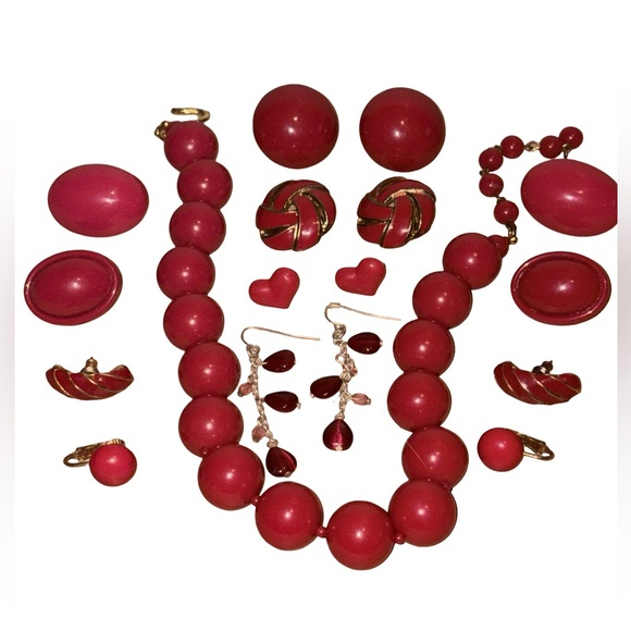 Jewelry - Vintage Red Jewelry Earrings & Necklace Bundle 9 Piece Jewelry Lot